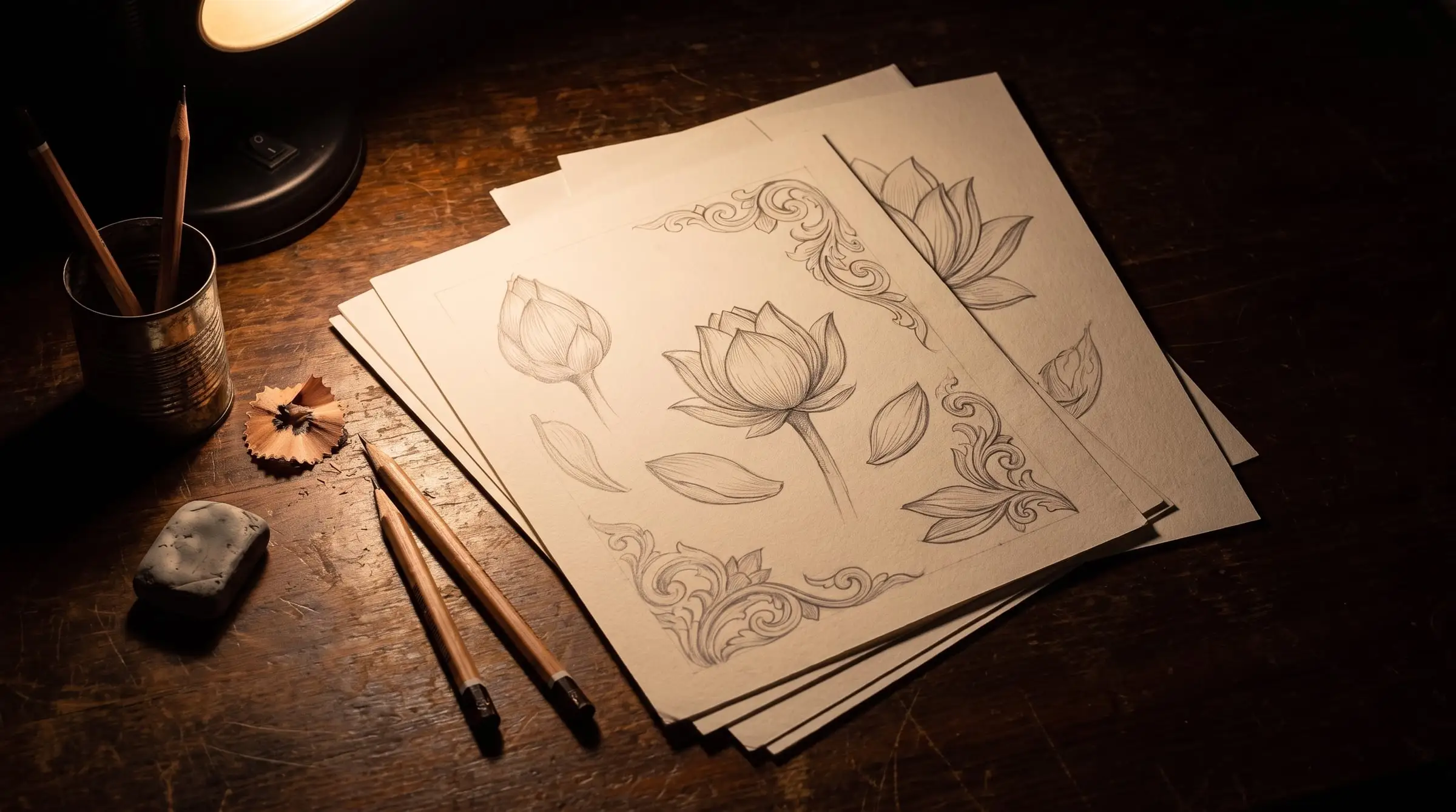 Sheets of graphite lotus drawings on a wooden desk with pencils, an eraser and a tin of pencils