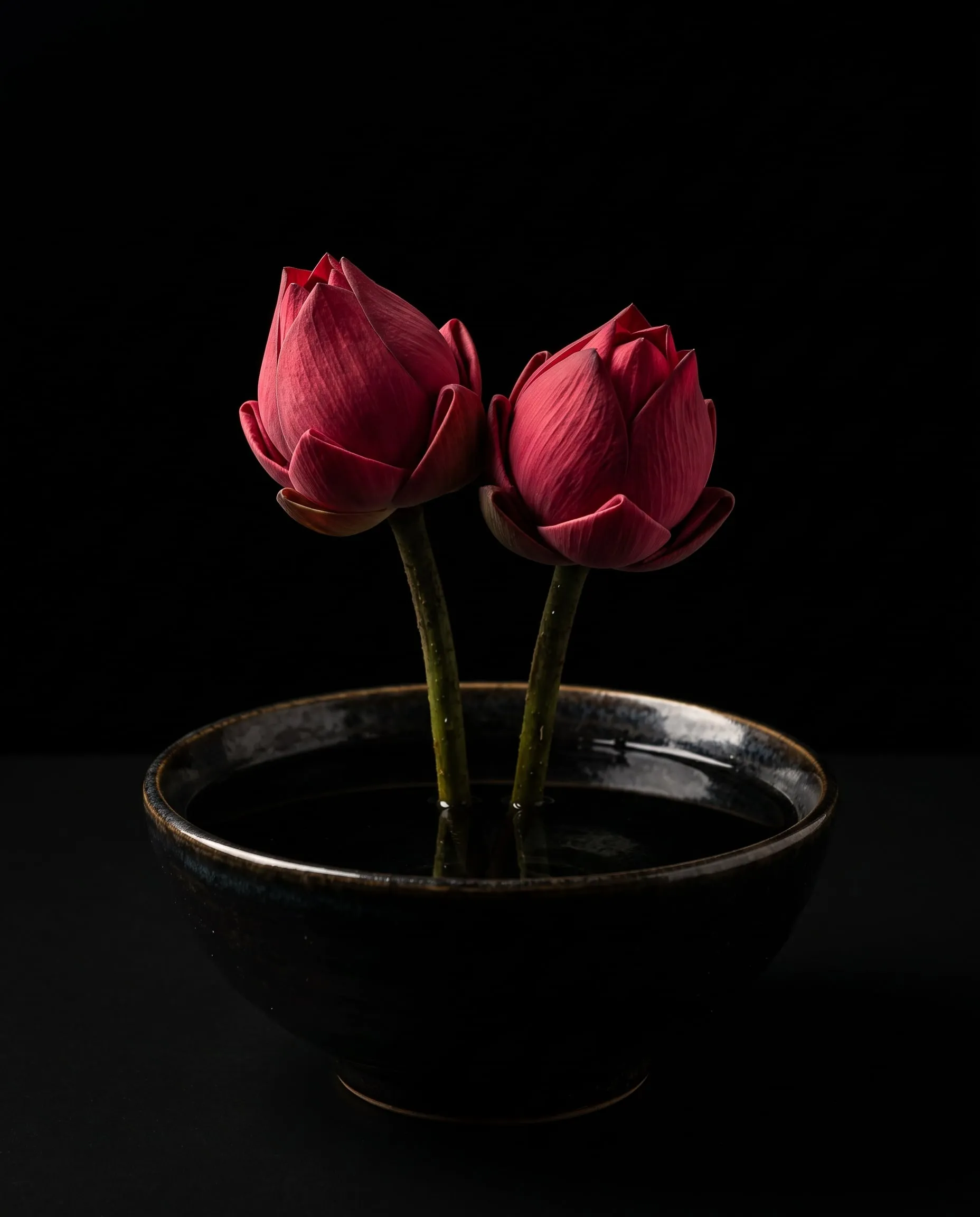 Two red lotus buds standing in a dark ceramic bowl of water