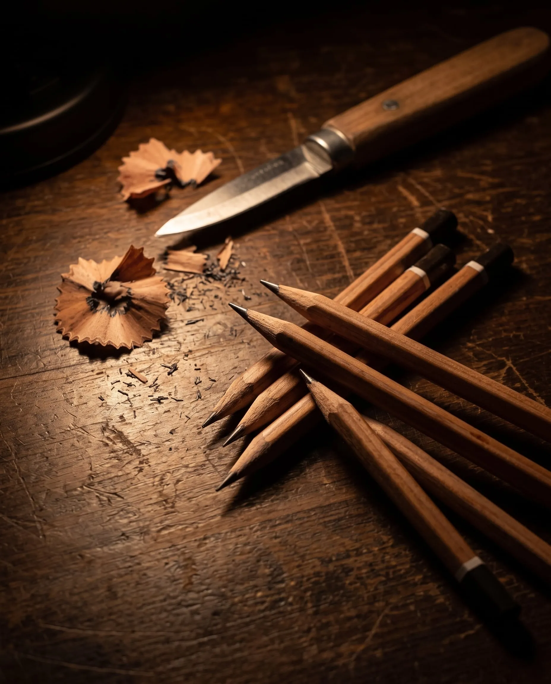 Freshly sharpened graphite pencils, a sharpening knife and pencil shavings on a wooden desk