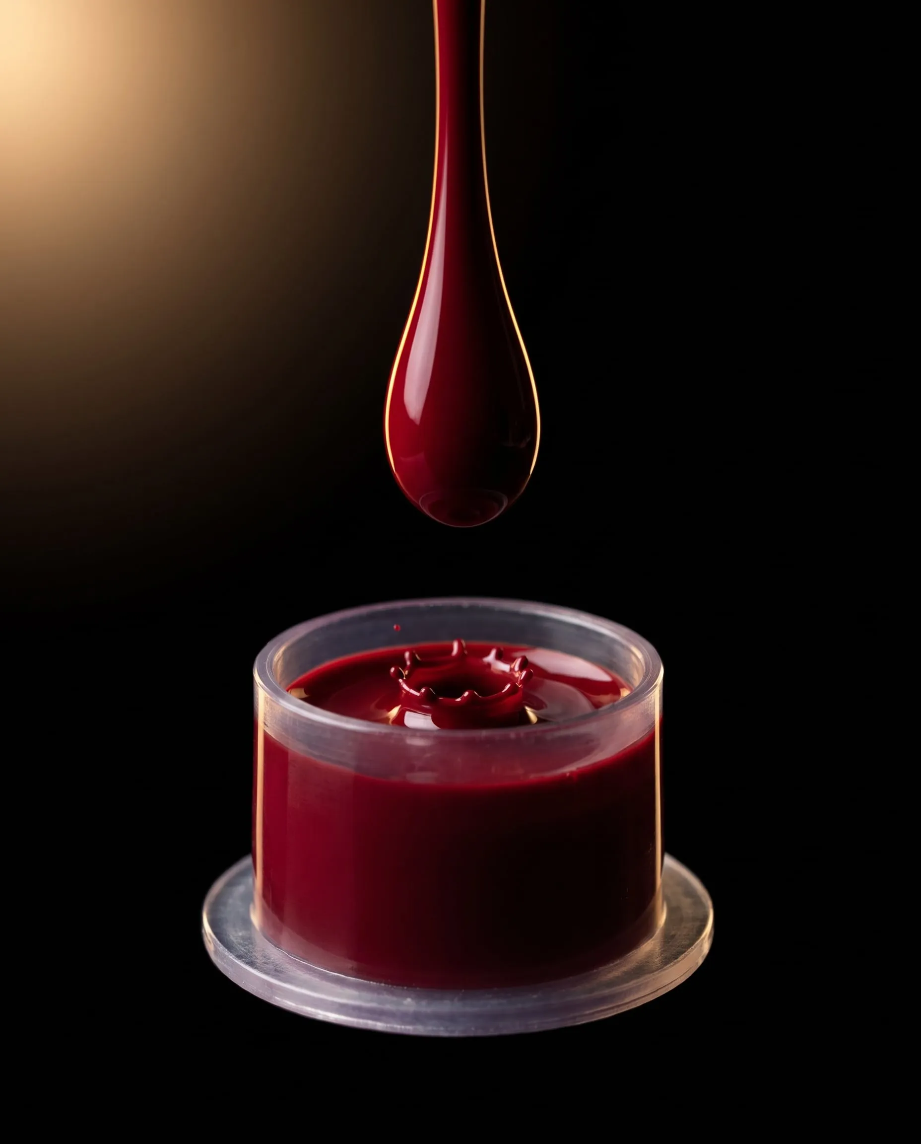 A drop of red ink falling into a small ink cap