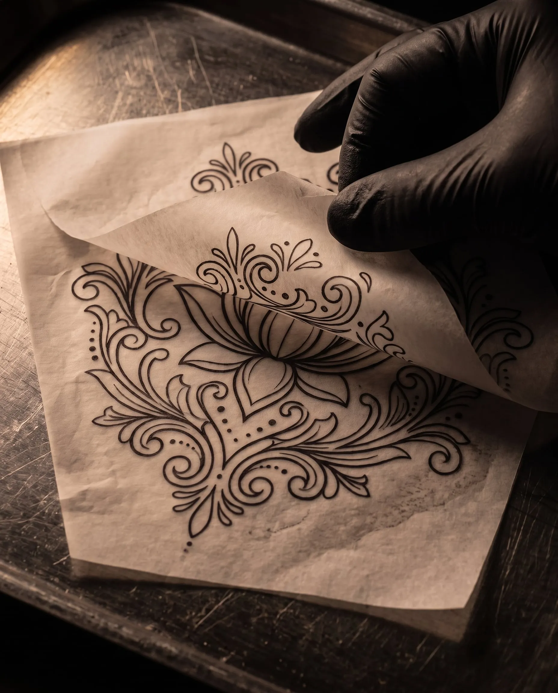 A gloved hand lifting transfer paper from a black lotus stencil drawing