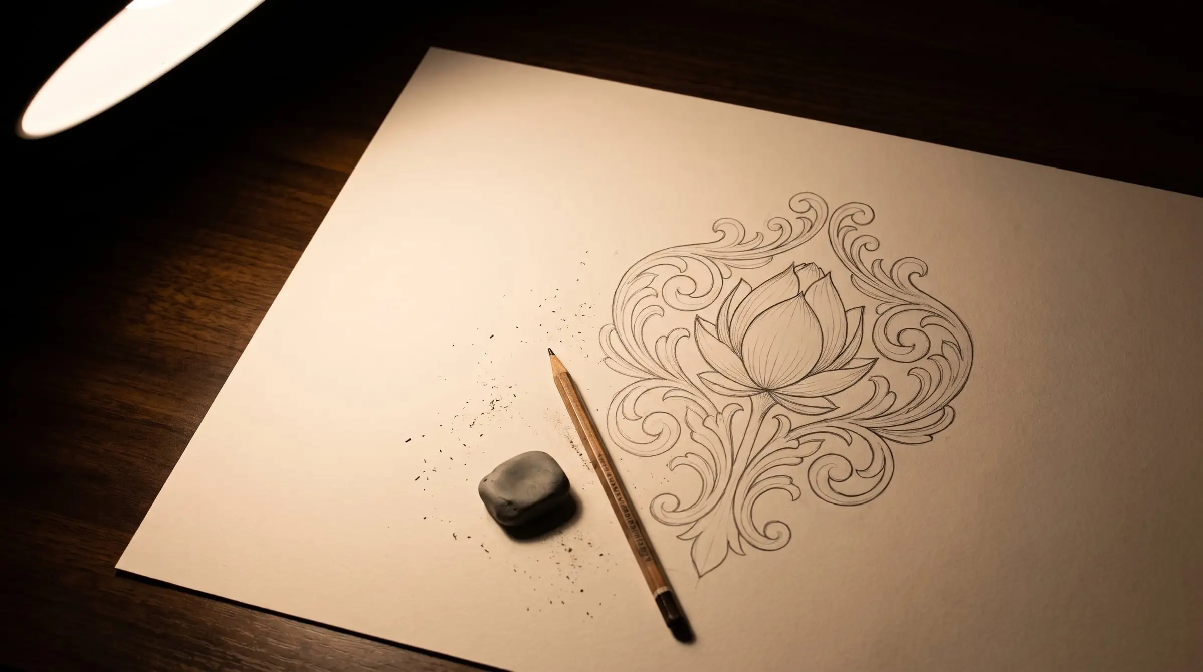 A graphite drawing of a lotus with scrollwork, a pencil and an eraser under a desk lamp