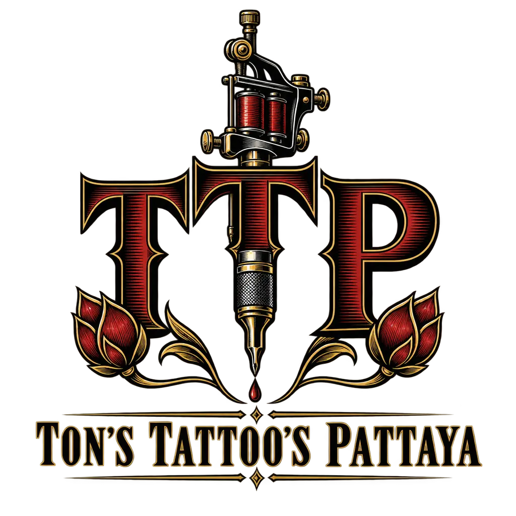 Ton's Tattoo's Pattaya logo: the letters TTP with a coil tattoo machine and two red lotus buds