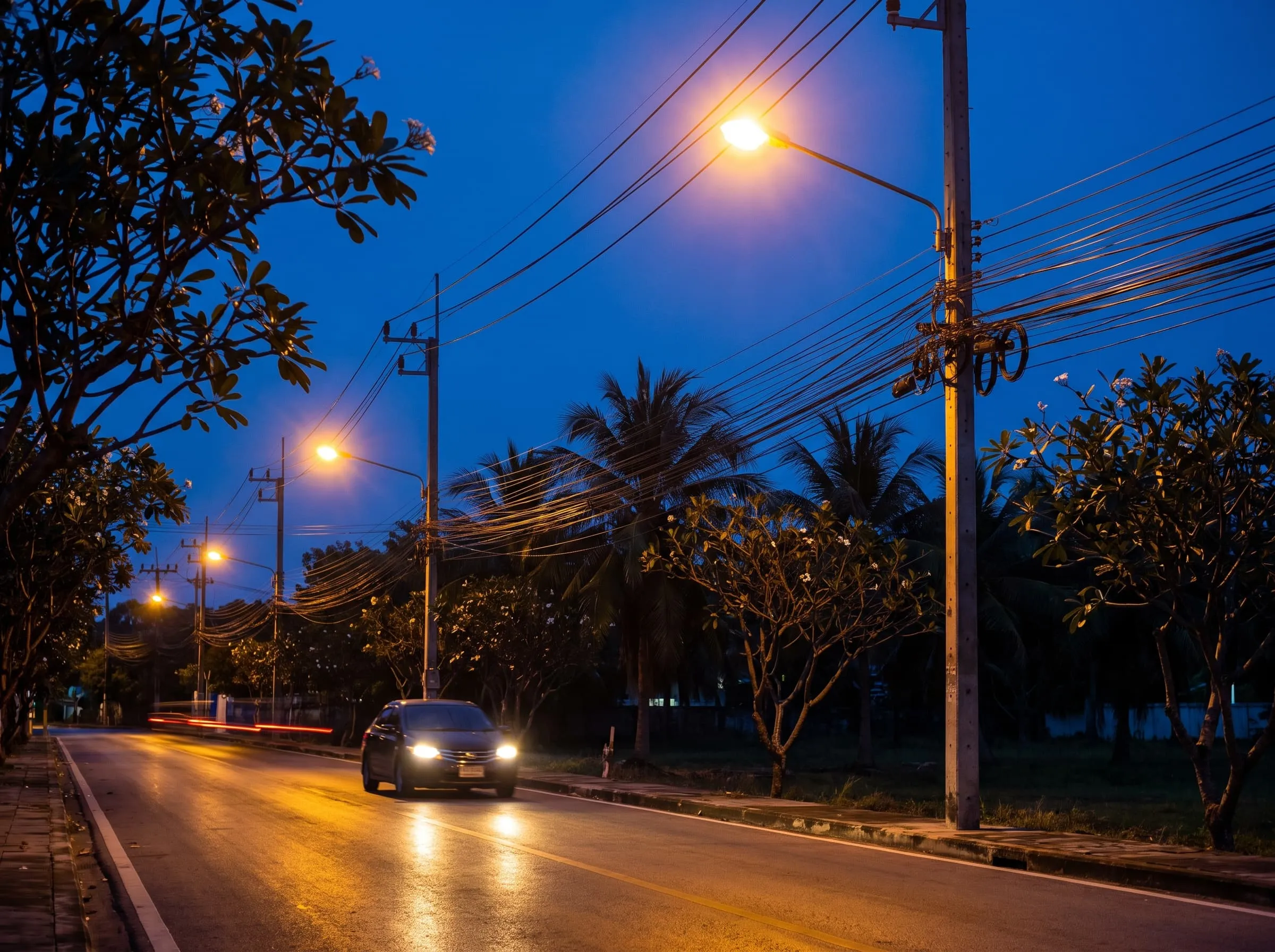 A palm-lined road in Pattaya at dusk under warm streetlights