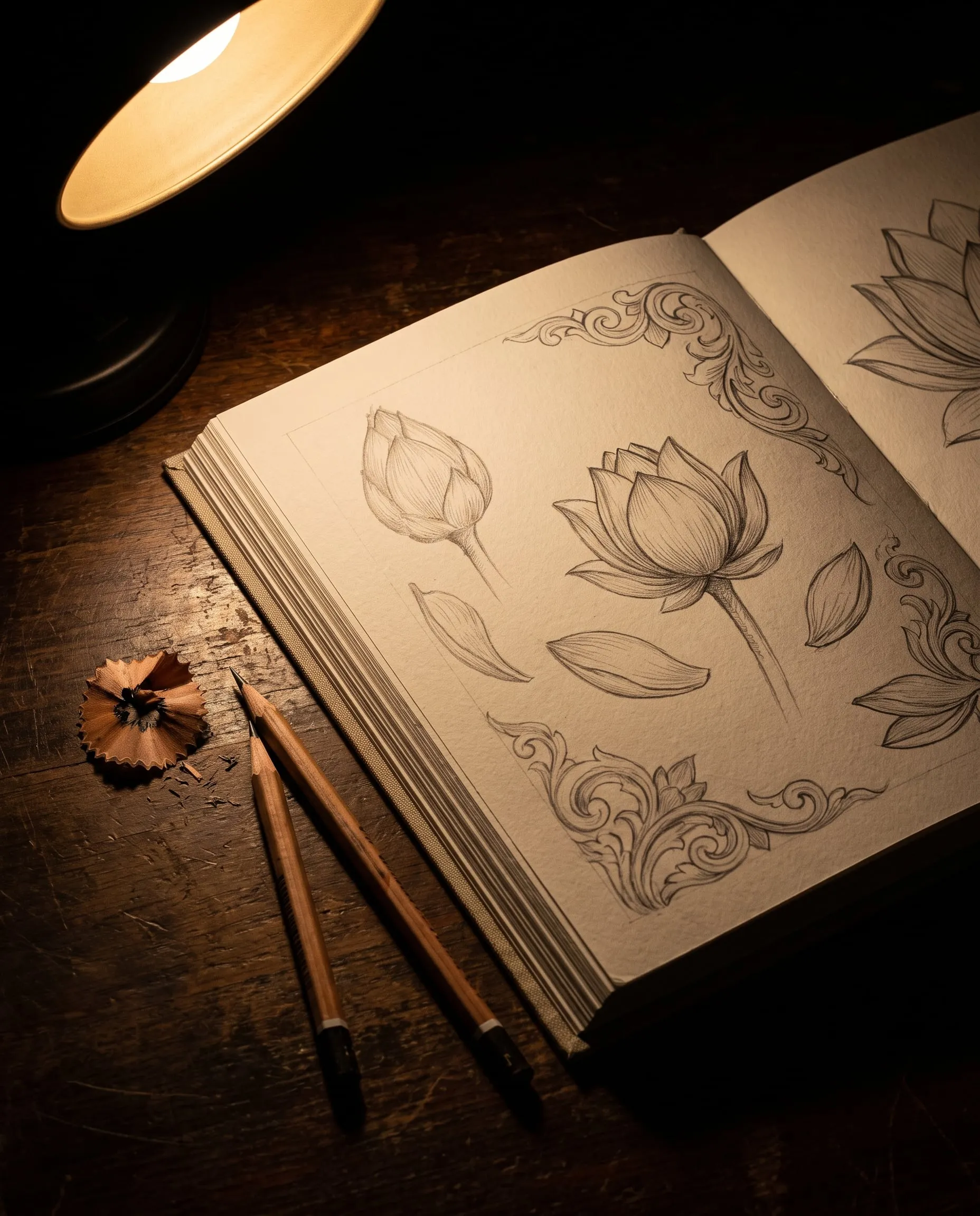 An open sketchbook of graphite lotus studies with two pencils and a pencil shaving under a lamp