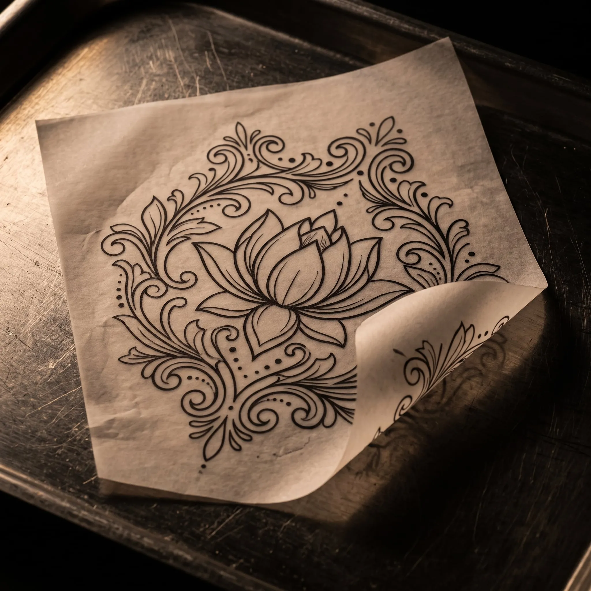 Stencil paper with black lotus and scrollwork linework on a steel tray, one corner lifted