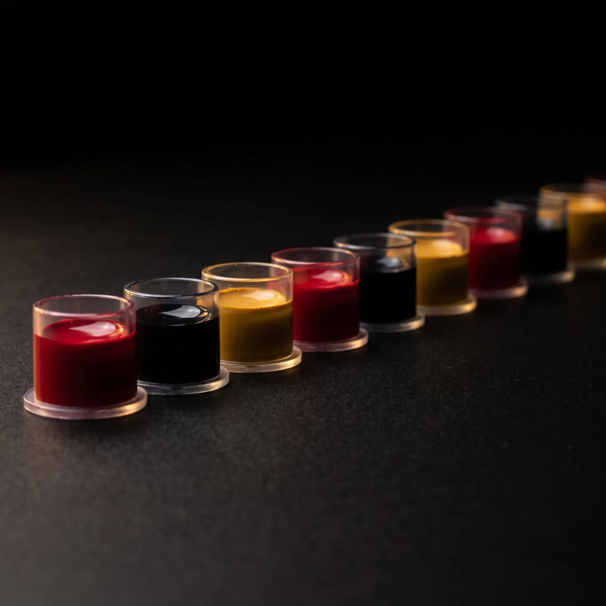 A row of ink caps filled with red, black and gold tattoo ink